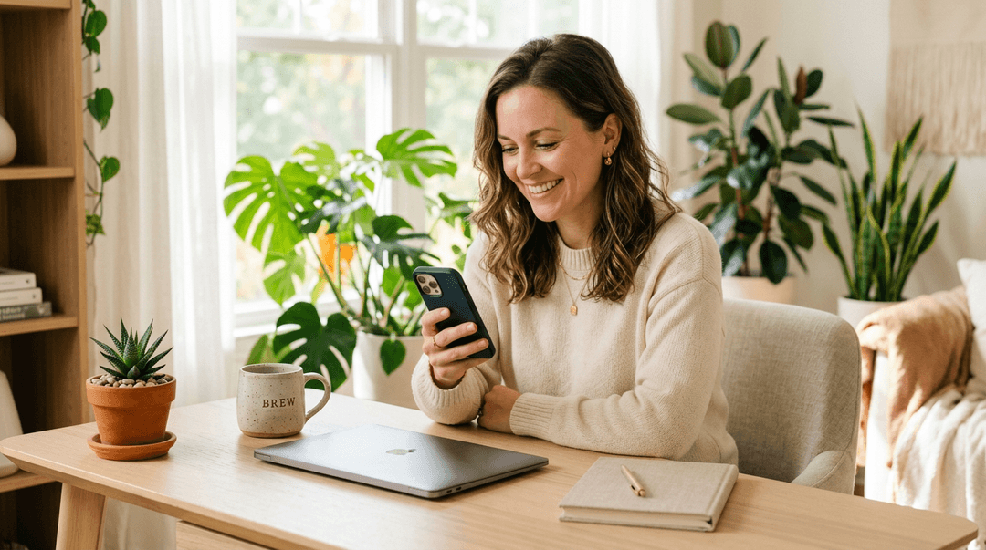A relaxed business owner at a clean desk, confidently checking their phone
