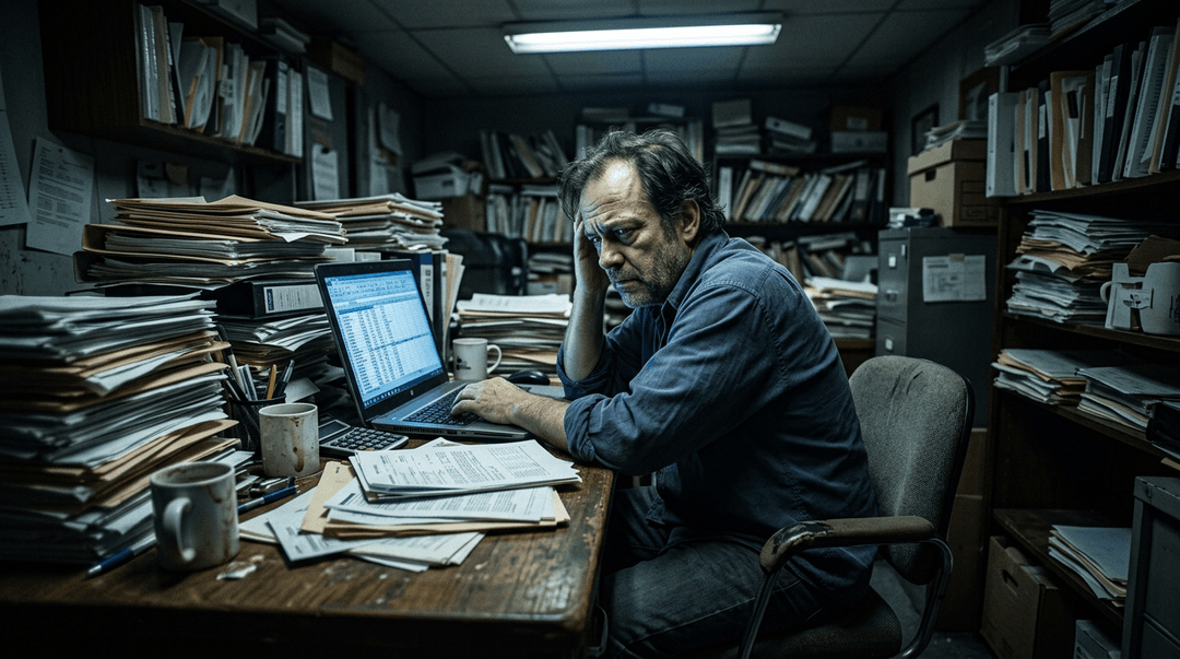 A business owner overwhelmed by paperwork at their desk